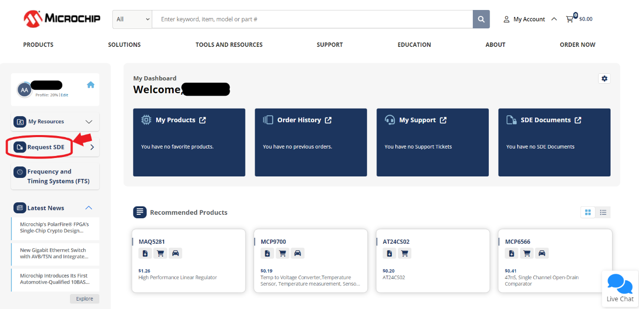 Screen: myMicrochip Dashboard with “Request SDE” on the left menu