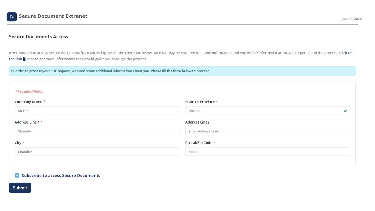 Screen: Subscribe option checked for “Secure Document Access” section and “Submit” highlighted