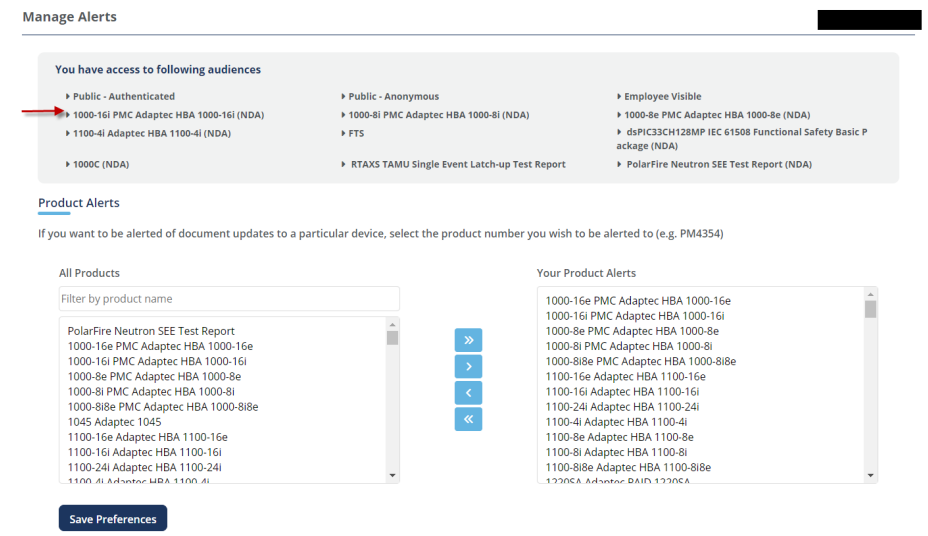 Screen: Manage Alerts: List of products selected for notifications