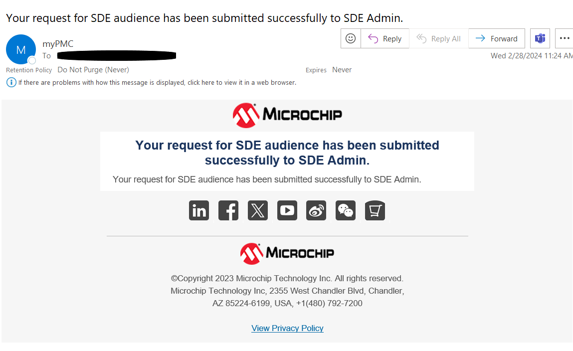 Screen: Acknowledgement Email Confirming Submission of Access Request